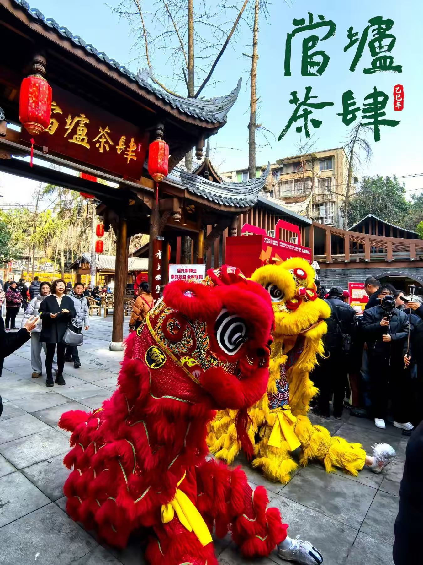 Red and gold lions dancing through the courtyard