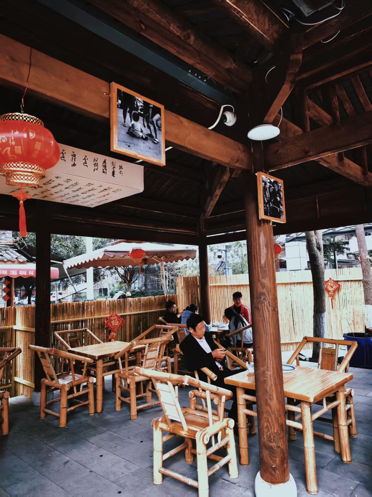 Bamboo furniture under the wooden pavilion